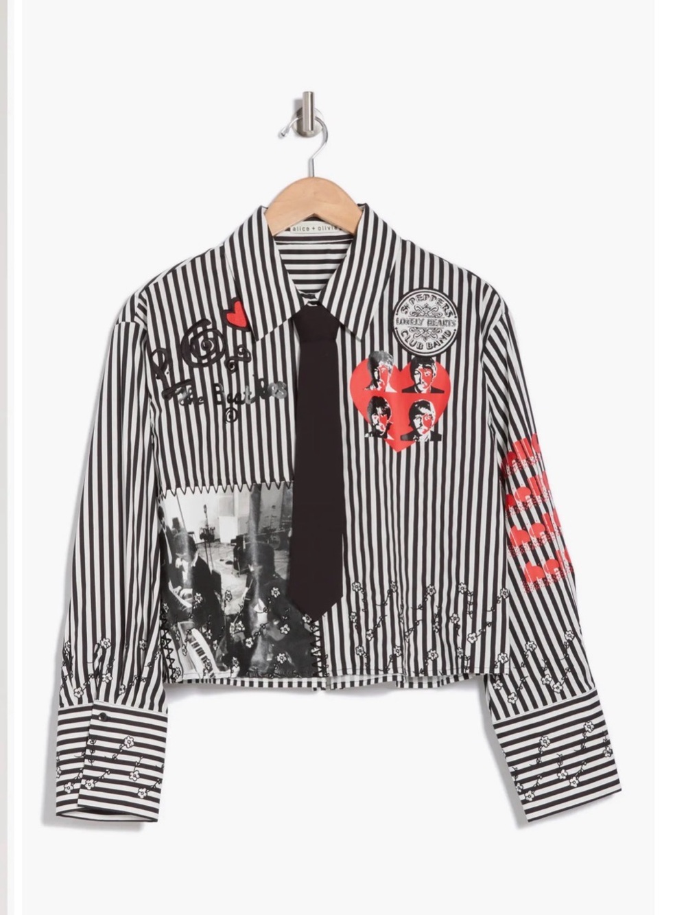 Alice + Olivia Black & White Striped Graphic Button-Up with Attached Tie